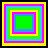 Four distinct animated frames of a colorful concentric square design arranged in a 2x2 contact sheet, each frame featuring multiple nested squares with varying color sequences and central fill colors.