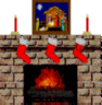 A brick fireplace with three red stockings, two candles, and a framed nativity scene above the mantel; flames flicker in the hearth.