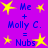 Purple background with yellow star icons and blue text forming equations including 'Me', 'Molly C.', and 'Nubs' in a