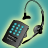 Pixelated icon of a gray handheld device with blue grid-like screen and black buttons, connected to over-ear headphones on a gradient teal background.