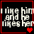 Four identical display pixelated text 'i like him and he likes her' with red heart symbols, each bordered in red on a black background
