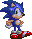 Pixelated blue hedgehog with spiky hair, brown face and hands, white gloves, red shoes with white stripes, standing against gray background.