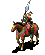 Animated sequence of a mounted warrior in red and green armor holding a spear, shown in multiple poses against a gray background.