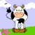 Pixelated cow with black-and-white patches, brown horns, and brown hooves stands on green grass under light blue sky with white clouds, holding a black plug in its right hand.