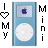blue iPod-like icons with white circular elements, each paired with vertical text reading "I ❤️ MIMY" where the heart symbol cycles through black outline, light blue fill, dark blue fill, and solid black