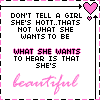 A static contact sheet of two identical animated frames showing a pixel-art style message about female beauty with pink and black text on white background, bordered by dashed lines and heart icons.