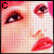 16 identical pixelated images showing a person with red hair, dark eyes, and bright red lips in close-up view