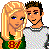 Pixel art of two characters standing together, one in a green shirt with 'BY' and beige pants, the other in a white shirt and dark pants, on a yellow background with text.