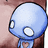 Pixelated blue mushroom-shaped figure with two white circular eyes on a brownish background.