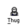 A 3x3 contact sheet of seven pixel art frames showing a cartoon character labeled "Thug" in various poses and sizes, with the largest frame at bottom-left featuring distorted text.
