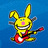 Yellow cartoon rabbit with pink nose and blue eyes plays red electric guitar against blue background, green pixelated text surrounds the image.