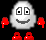 Pixelated character with white rounded head, black square eyes, gray smile; red limbs and props on dark background.