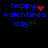 Blue pixelated text reads 'happy valentines day!!!!' with a red heart symbol replacing the period in 'happy', set against black background.