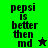 Green and black pixelated image with text 'pepsi is better then md' and star symbols, showing animation changes between frames.