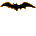 Two pixelated black bat silhouettes with orange-brown outlines on gray background, one horizontal and one angled.