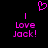 Pixelated pink text and symbols on black background: two 'I Love Jack!' phrases with vertical lines above, a heart symbol at top center.