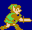 Pixelated character in green tunic and brown pants holds sword horizontally, facing another identical figure against solid blue background.