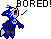 Pixelated blue anthropomorphic fox character in six sequential poses showing boredom, contemplation, and drinking from a red cup with text overlays.