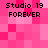 Pixelated pink background with four identical text blocks reading 'Studio 19 FOREVER' in black pixel font