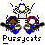Pixel art of three stylized figures with musical instruments beneath the text 'Pussycats' on a gray background.
