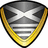 Pixelated shield-shaped icon with golden border and gray interior featuring white X and horizontal lines.