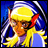 A pixelated anime-style character with yellow hair and red ear-like features against a blue background, next to stylized text on black.