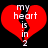 Red heart split vertically with black crack, white text 'my heart is in 2' over it on black background.