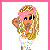 Pixelated character with blonde hair and pink headband, wearing white top; partial view of pink pants and sneakers.