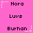 Pixelated text labels 'Nora', 'Luvs', and 'Burhan' appear on a pink background with white star-shaped decorations