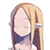 Pixelated anime-style character with long blonde hair and closed eyes, wearing a dark blue top over a light purple garment against a white background.