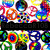 Pixelated collage of colorful circular icons with peace symbols, a brain graphic, and text overlays including 'is... da' and 'BEST!' in blue.