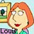 Pixelated cartoon character with orange hair and red lips, wearing a green top, standing before a framed tree painting with text "Louis" below.