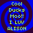 Four identical display a blue and dark purple spiral background with green pixelated text reading 'Cool Ducks Moo!! I LUV ALISON' in a vertical stack