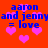 Red background with blue text reading 'aaron and jenny = love' repeated four times, surrounded by pink pixelated hearts.