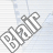 A 48x48 pixel animated buddy icon showing the word 'Blair' in a stylized font, displayed across two frames of an animation with slight text color variation against a light blue striped background.