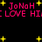Pixelated text and yellow stars on black background with repeated 'JoNoH' and 'I LOVE HI' in pink, static display.