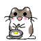 Pixelated hamster-like character with brown and white fur, black eyes, pink cheeks, holding a frying pan with yellow egg in left frame; right frame shows the same character holding a gray pot with yellow item.