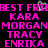 Pixelated pink text lists names and phrases on black background with two heart icons, one partially obscured by text.
