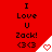 Red background displays repeated text "I Love U Zack! <3<3" with white triangular corner elements containing red hearts, some hearts animated as red outlines.