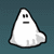A white ghost-shaped figure with two black eyes and a flat mouth appears in multiple poses against a teal background.