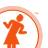 A pixelated orange figure in a dress stands beneath a curved arch, with a light blue and white checkered background.