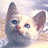 Pixelated close-up of a cat's face with blue eyes, pink nose, and gray fur against a light gradient background.