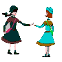Two pixelated figures in traditional attire perform a hand-holding motion across four