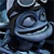 Pixelated blue and gray cartoon face with wide eyes and a broad smile, set against a dark background with light streaks.