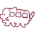 Pixelated white cat with brown stripes, three light blue square windows on its side, walking left to right with a striped tail.