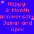Blue background with pink text repeating 'Happy 9 Month AnniversaryJamal and Jamal and April' in a pattern, interspersed with small pink stars