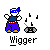 Pixel art character with blue mask, dark shirt, purple pants, and orange shoes stands next to a remote control device emitting black musical notes.