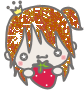 A contact sheet of three animated frames showing a chibi-style cartoon character with orange hair, a yellow crown, and a red strawberry prop against a gray background.