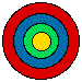 Four circular pixelated icons with concentric rings in red, blue, green, and yellow arranged in a on gray background