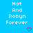 Pixelated blue background with repeated white text "Nat And Robyn Forever" and pink heart symbols in a